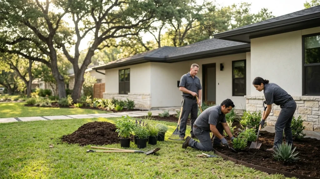 A landscaping crew planting a native bed along the front lawn of a single storey bungalow, mulch and new plants staged on the grass