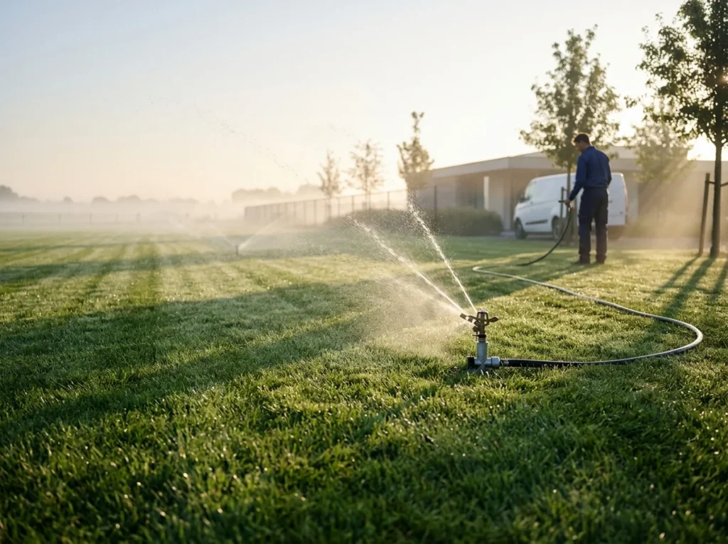 A lawn sprinkler running at dawn, long shadows across wet grass