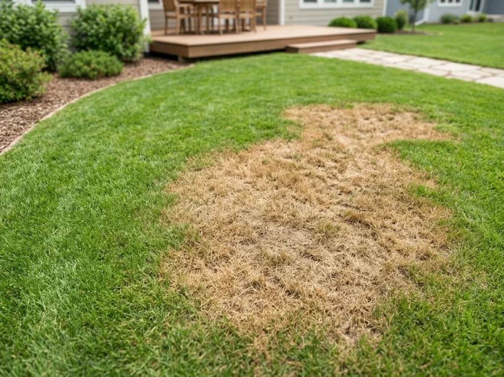 A dry brown patch spreading across an otherwise green summer lawn