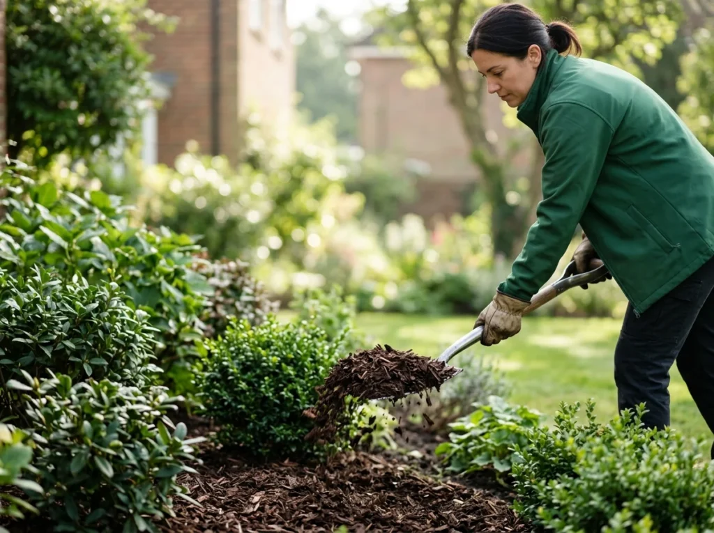 Fresh hardwood mulch being spread by hand around established shrubs in a bed