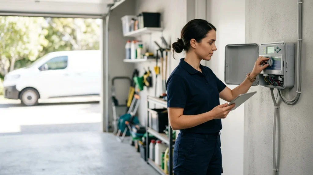 An irrigation controller open on a garage wall, a technician setting the watering programme