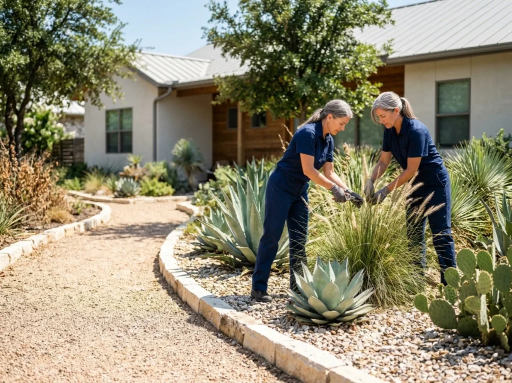 A mature xeriscape front garden with agave, native grasses and limestone edging in hard afternoon heat