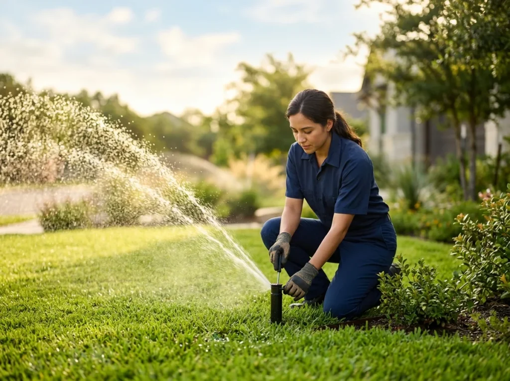 A landscaper kneeling to adjust a pop up rotor sprinkler head in a green lawn, water arcing across the grass