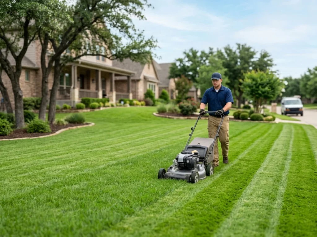 A crew member mowing a large front lawn, clean stripes laid behind the mower