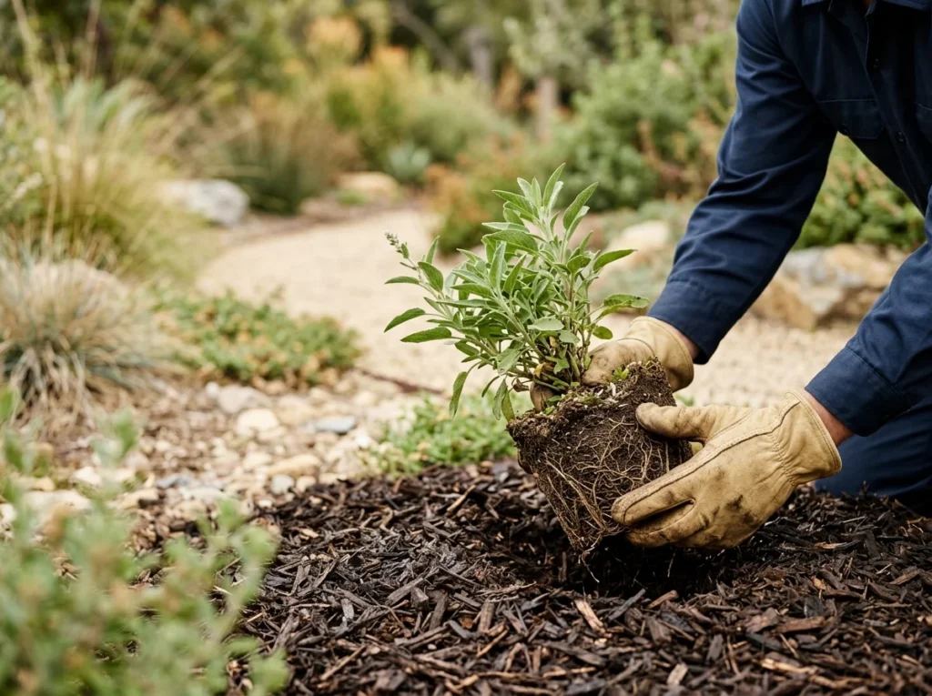 Gloved hands setting a drought tolerant native plant into fresh mulch in a garden bed